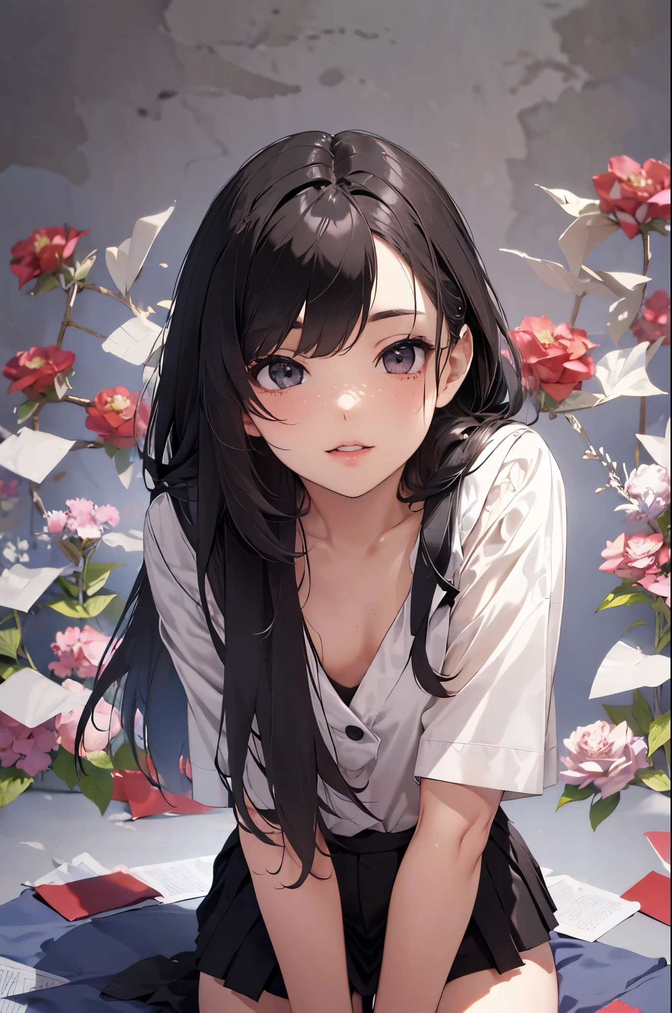 4K, masterpiece, 8k, high quality, high quality,A cute student, Very white skin, long brown hair,a bit,Low length,freckles,Thin eyebrows,Straight bangs,(Flat Chest) ,feminine, Tilt, elegant, elegant, cute, smile, cute, Hilarious, belly button, white panty shot Low Rise Mini Skirt, ((Black knee socks)), ((Gray background))