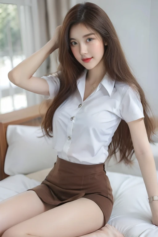 Top quality, RAW Photo, Highest Quality Image, 16K, Full body, Age 22, Realistic, Photorealistic,  Beautiful Asian woman, Sexy, body, White pale skin, ((( Multicolor Hair ))), ((( Short and wavy hairstyle ))), Modern hairstyles, Detailed face, Detailed body, Detailed skin, Double eyelids, Very Big eyes, long eyelashes, bright eyes, green eyes, natural lips, detailed lips, ((( Very Small breasts, Flat Breasts ))), posing in bedroom studio, sunny day light,  ((( wearing White Short sleeves Shirt, black short skirt ))),  ((( All Buttons are Unbuttoned ))), no bra, ((( piercings ))), ((( piercing bellybutton with jewelry )))