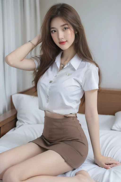 Top quality, RAW Photo, Highest Quality Image, 16K, Full body, Age 22, Realistic, Photorealistic,  Beautiful Asian woman, Sexy, body, White pale skin, ((( Multicolor Hair ))), ((( Short and wavy hairstyle ))), Modern hairstyles, Detailed face, Detailed body, Detailed skin, Double eyelids, Very Big eyes, long eyelashes, bright eyes, green eyes, natural lips, detailed lips, ((( Very Small breasts, Flat Breasts ))), posing in bedroom studio, sunny day light,  ((( wearing White Short sleeves Shirt, black short skirt ))),  ((( All Buttons are Unbuttoned ))), no bra, ((( piercings ))), ((( piercing bellybutton with jewelry )))