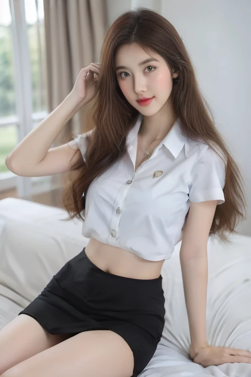 Top quality, RAW Photo, Highest Quality Image, 16K, Full body, Age 22, Realistic, Photorealistic,  Beautiful Asian woman, Sexy, body, White pale skin, ((( Multicolor Hair ))), ((( Short and wavy hairstyle ))), Modern hairstyles, Detailed face, Detailed body, Detailed skin, Double eyelids, Very Big eyes, long eyelashes, bright eyes, green eyes, natural lips, detailed lips, ((( Very Small breasts, Flat Breasts ))), posing in bedroom studio, sunny day light,  ((( wearing White Short sleeves Shirt, black short skirt ))),  ((( All Buttons are Unbuttoned ))), no bra, ((( piercings ))), ((( piercing bellybutton with jewelry )))