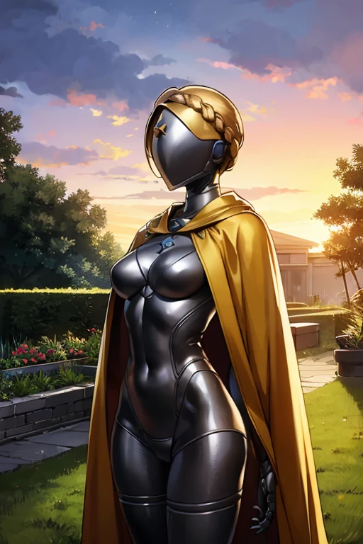 AHTwins, robot, no face, blonde hair, braid, star (symbol), traditional, standing, outside, garden, bodysuit, dusk, sunset, high quality, masterpiece, cape, cloak