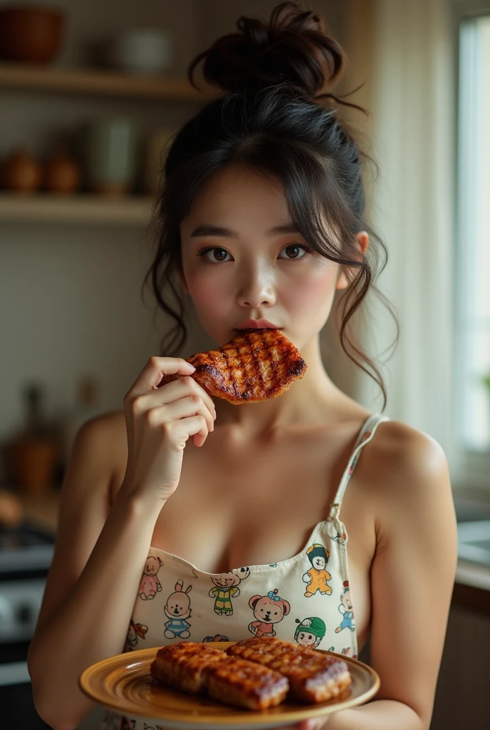 Beautiful 28 year old woman chewing thick sausage, sexy face, black eyes, white sheer underwear, underwear, bob cut, brown hair, looking at camera, 8K