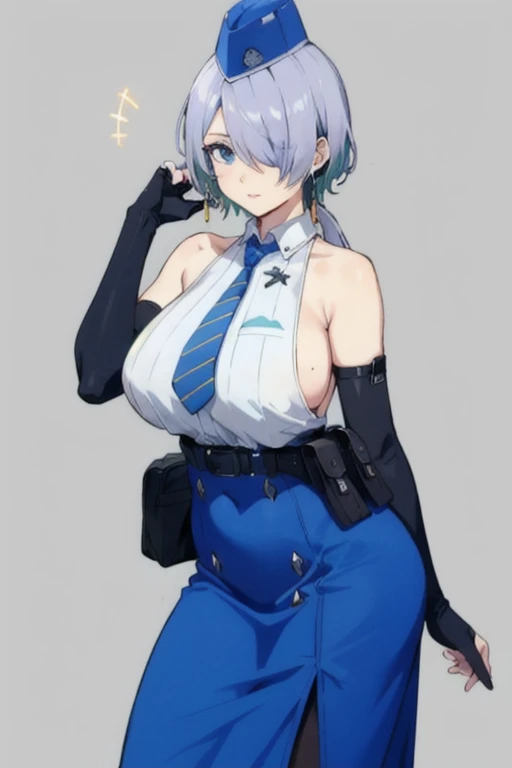 nikkebrid, large breasts, low ponytail, hair over one eye, earrings , garrison cap, sleeveless shirt, long skirt, blue necktie, belt pouch, elbow gloves, high heel boots