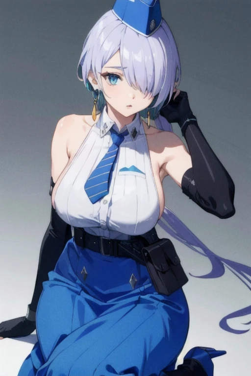 nikkebrid, large breasts, low ponytail, hair over one eye, earrings , garrison cap, sleeveless shirt, long skirt, blue necktie, belt pouch, elbow gloves, high heel boots