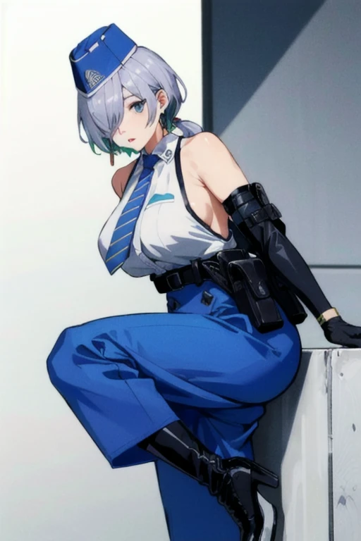 nikkebrid, large breasts, low ponytail, hair over one eye, earrings , garrison cap, sleeveless shirt, long skirt, blue necktie, belt pouch, elbow gloves, high heel boots