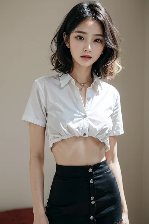 Top quality, RAW Photo, Highest Quality Image, 16K, Full body, Age 22, Realistic, Photorealistic,  Beautiful Asian woman, Sexy, body, White pale skin, ((( Multicolor Hair ))), ((( Short and wavy hairstyle ))), Modern hairstyles, Detailed face, Detailed body, Detailed skin, Double eyelids, Very Big eyes, long eyelashes, bright eyes, green eyes, natural lips, detailed lips, ((( Very Small breasts, Flat Breasts ))), posing in bedroom studio, sunny day light,  ((( wearing White Short sleeves Shirt, black short skirt ))),  ((( All Buttons are Unbuttoned ))), no bra, ((( piercings ))), ((( piercing bellybutton with jewelry )))