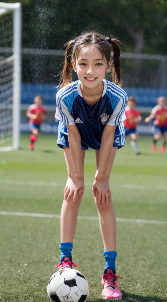 super high quality, Natural brightness, 12 year old beautiful girl, smile,Athletic girl with big breasts, track and field uniform, stadium, Small Separate Uniform, big breasts, floating, Digging into the crotch, beautiful butt, Beautiful skin type,