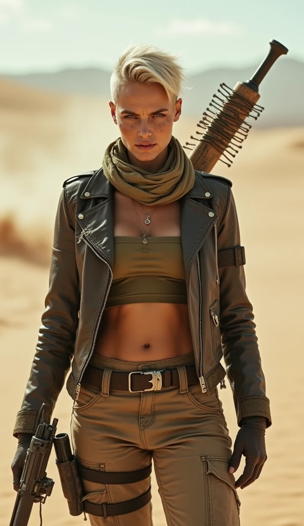 smartphone wallpapper, realistic, post-apokaliptic, woman aiming from automatic riffle to viewer, post-apocaliptic outfit (dirty dark military jeans, high shoes, torn t-shirt, old and dirty jacket, arafat around neck and on head), post-apocaliptic world, warm colors,