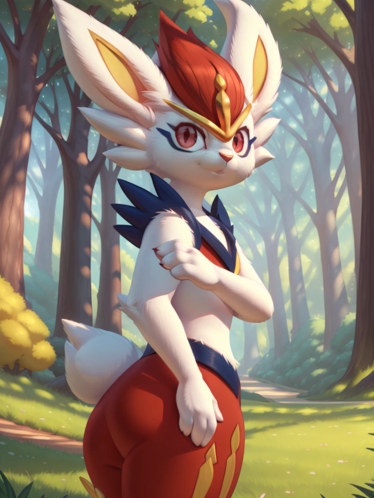 cinderace, female, red eyes, (soft shading), 4k, hi res, five fingers, detailed hands, ((detailed face, (detailed eyes:1.0), detailed)), by zackarry911, by zaush, (by personalami:0.5),standing, looking at viewer, grass, park, trees, rabbit tail