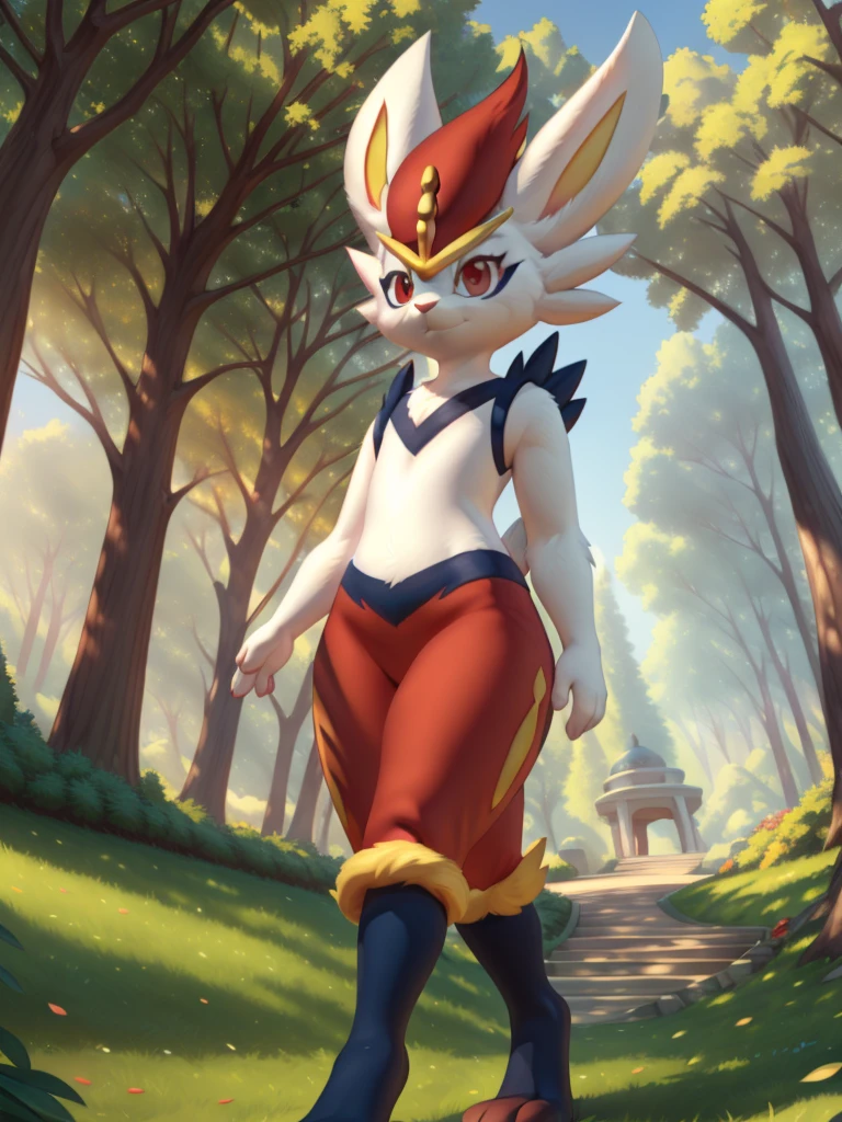 cinderace, female, red eyes, (soft shading), 4k, hi res, five fingers, detailed hands, ((detailed face, (detailed eyes:1.0), detailed)), by zackarry911, by zaush, (by personalami:0.5),standing, looking at viewer, grass, park, trees, rabbit tail