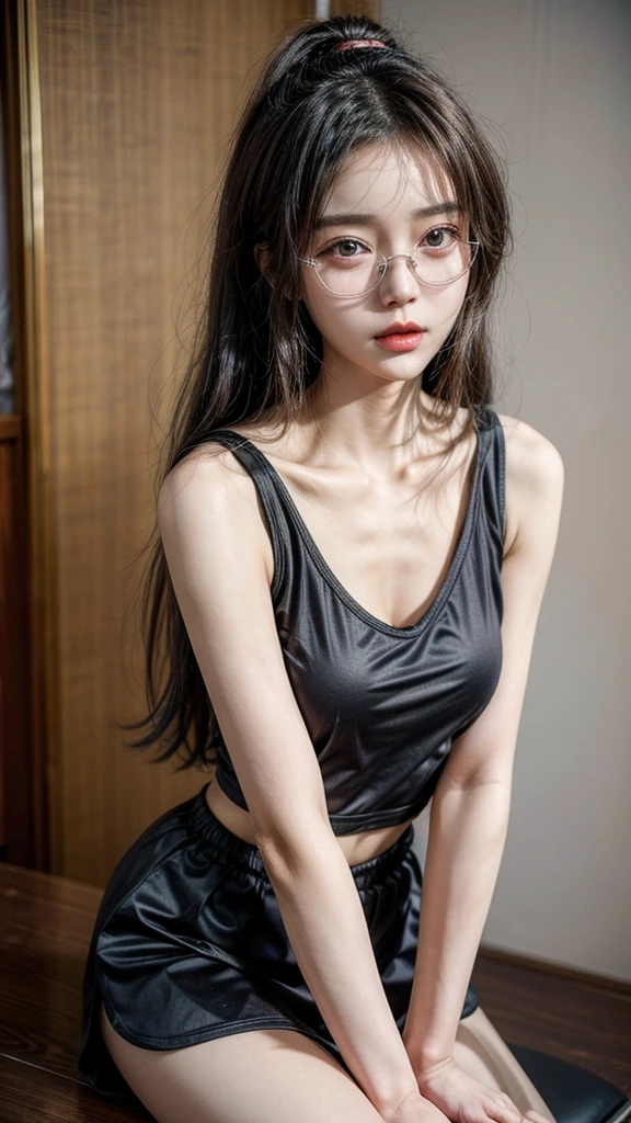 8k, masterpiece, RAW Photos, highest quality, Realistic, Highly detailed CG Unity 8k wallpaper, Written boundary depth, Cinematic Light, Lens flare, Ray Tracing, (Very beautiful face, Beautiful Lips, Beautiful Eyes), (dense beautiful skin) , One Girl, Very cute 12 year old Japanese girl, 1 girl, Always wears glasses, (Very slim figure:1.3), Young Body, Young Face, Small breasts, Small breasts, とてもSmall breasts, 60cm AAA cup breasts, Small Ass, Beautiful black long hair, Perfect fitting yoga wear,Shoot at the best angle, Yoga Studio