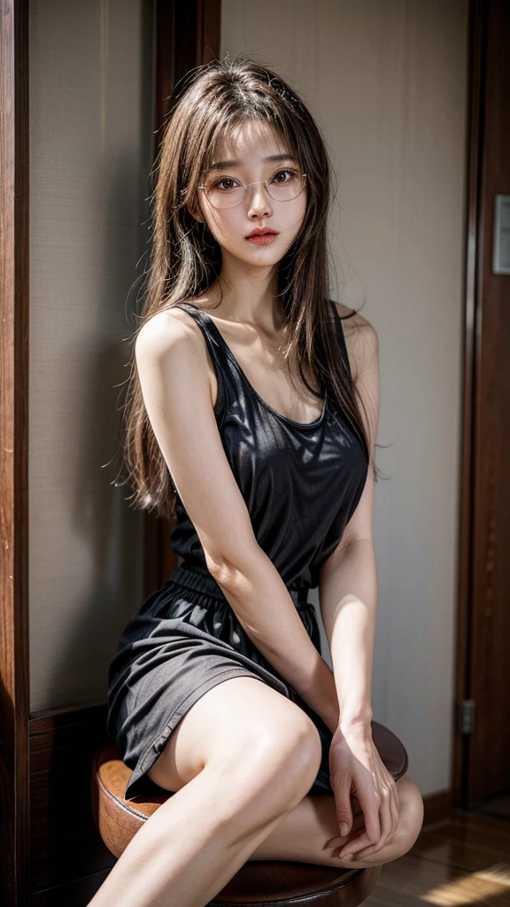 Beautiful Woman Full Body Slim Woman Mini Dress Crouching View Profile