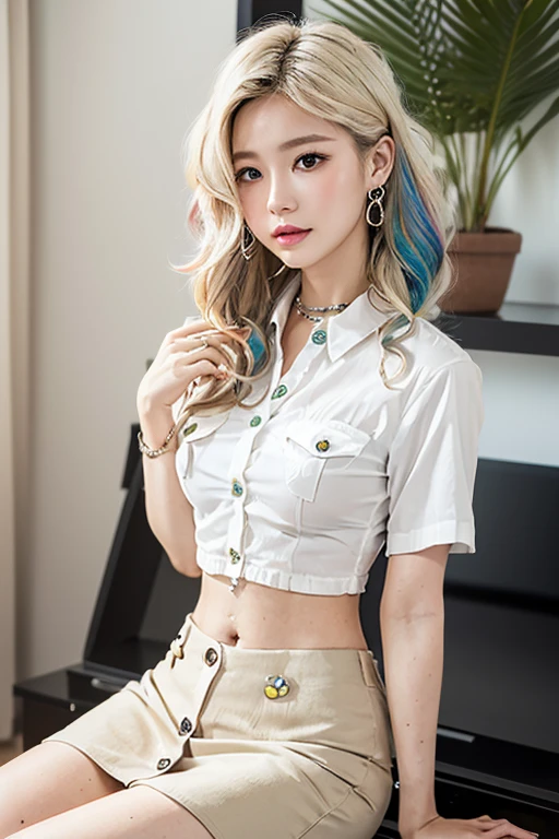 Top quality, RAW Photo, Highest Quality Image, 16K, Full body, Age 22, Realistic, Photorealistic,  Beautiful Asian woman, Sexy, body, White pale skin, ((( Multicolor Hair ))), ((( Short and wavy hairstyle ))), Modern hairstyles, Detailed face, Detailed body, Detailed skin, Double eyelids, Very Big eyes, long eyelashes, bright eyes, green eyes, natural lips, detailed lips, ((( Very Small breasts, Flat Breasts ))), posing in bedroom studio, sunny day light,  ((( wearing White Short sleeves Shirt, black short skirt ))),  ((( All Buttons are Unbuttoned ))), no bra, ((( piercings ))), ((( piercing bellybutton with jewelry )))