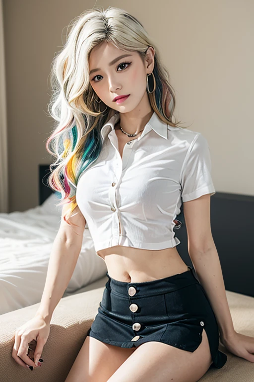 Top quality, RAW Photo, Highest Quality Image, 16K, Full body, Age 22, Realistic, Photorealistic,  Beautiful Asian woman, Sexy, body, White pale skin, ((( Multicolor Hair ))), ((( Short and wavy hairstyle ))), Modern hairstyles, Detailed face, Detailed body, Detailed skin, Double eyelids, Very Big eyes, long eyelashes, bright eyes, green eyes, natural lips, detailed lips, ((( Very Small breasts, Flat Breasts ))), posing in bedroom studio, sunny day light,  ((( wearing White Short sleeves Shirt, black short skirt ))),  ((( All Buttons are Unbuttoned ))), no bra, ((( piercings ))), ((( piercing bellybutton with jewelry )))