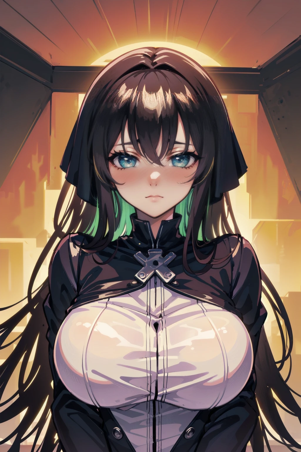 thick outlines, comics, photorealistic, perfect hands, masterpiece:1.2, jail, detention center, 1girl, solo, thin, <lora:guilty-nikke-richy-v5:0.7>, guilty \(nikke\), white bodysuit, straitjacket, chains, handcuffs, collar, two-tone hair, green and black hair, pink eyes, big breast, detailed background, detailed face, detailed eyes, <lora:add_detail:0.7>