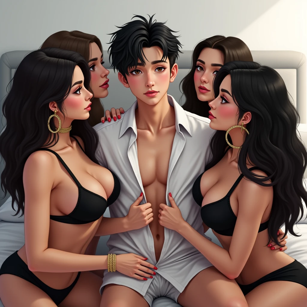 Muscular Handsome European ( tall&==((short-haired))) shirtless barbarian man absolutely surrounded and being hugged and touched by (((three))) sexy women harem girlfriends bitches feeling his muscles and groin, (((women: long Flowing voluminous hair))), And curvy bodies with wide hips and nice asses, women wearing robes with shoulders draped on shoulders , nobody looks identical, each person has a unique hair color and race and skin color, three of the hottest women to ever live loving this man, the three women share him as a boyfriend and enjoy helping him feel pleasure together, there are so many gorgeous women are here around this one man, they are desperately close to each other, expressions of ecstasy and joy and love on their faces, wrestling , hugging, tackling, massaging, grinding, Flirtatious, lounging in the fancy bedroom of an opulent mansion with windows, night and snowy winter outside, romantic candlelight that glows, worshipping him, sexual, kissing, sexualized positions, glowing glistening wet skin, tattoos, , jewelry, faces of laughter and happiness and pleasure and joy, pressing themselves together, romance novel cover poses, women competing for attention , if one woman is to his right then one women must be to his left and one woman behind him, full body shot, (((ONLY ONE MAN))), orgy, if one woman has dark hair then the second one must have red hair and the third have blonde hair. If one has light skin then the next women must have dark skin. If one is European than the other must be Asian and the third one is Nordic and the fourth is African, everybody looks into another person's eyes, some women face Forward while other's face sideways and others face behind but all of them are facing the man, faces of satisfaction, cinematic 4k RAW photograph with bokeh and raytracing and depth of girls and subsurface scattering and gorgeous lighting and colors, masterpiece worthy of a museum