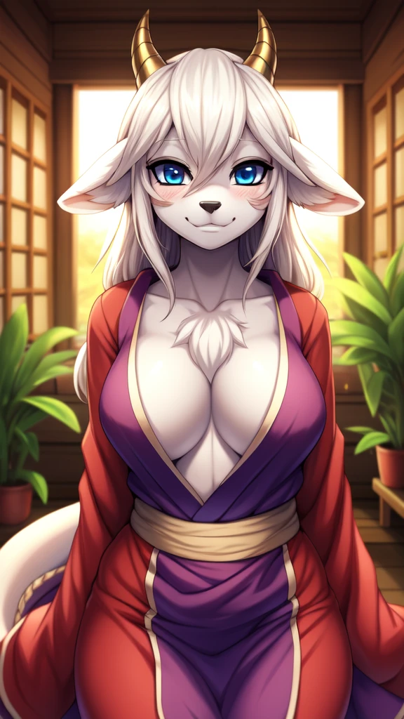 score_9, score_8_up, score_7_up, score_6_up, score_5_up, score_4_up, (solo), female anthro hyena, Japanese uniform, black thighhighs, lusty, fluffy body, long blond hair, turquoise eyes, (thick thighs:1.5)((( offering the breasts))) sex partial clothes, (((cleavage))) semi-butonned uniform niform, (barely_visible_booba) (she is sitting) , giant breasts, garter belt tights