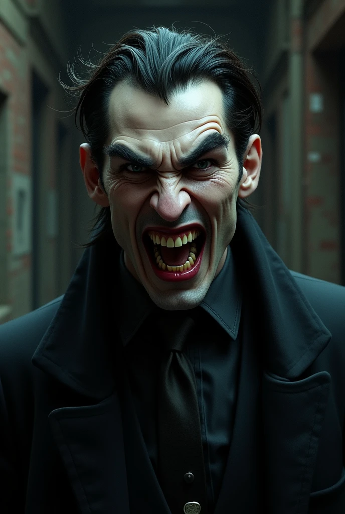 A man in a red suit, Caucasian skin, black hair thrown back, he has red eyes, sharped teeth
