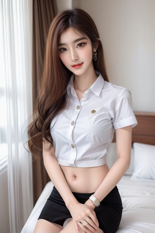 Top quality, RAW Photo, Highest Quality Image, 16K, Full body, Age 22, Realistic, Photorealistic,  Beautiful Asian woman, Sexy, body, White pale skin, ((( Multicolor Hair ))), ((( Short and wavy hairstyle ))), Modern hairstyles, Detailed face, Detailed body, Detailed skin, Double eyelids, Very Big eyes, long eyelashes, bright eyes, green eyes, natural lips, detailed lips, ((( Very Small breasts, Flat Breasts ))), posing in bedroom studio, sunny day light,  ((( wearing White Short sleeves Shirt, black short skirt ))),  ((( All Buttons are Unbuttoned ))), no bra, ((( piercings ))), ((( piercing bellybutton with jewelry )))