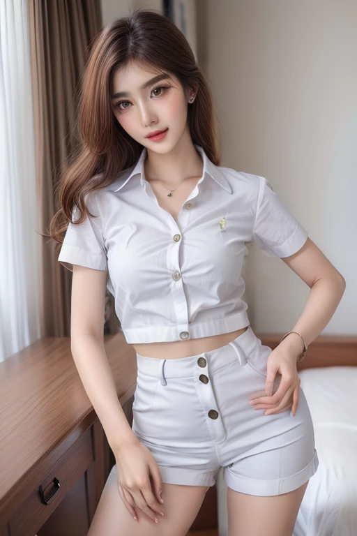 Top quality, RAW Photo, Highest Quality Image, 16K, Full body, Age 22, Realistic, Photorealistic,  Beautiful Asian woman, Sexy, body, White pale skin, ((( Multicolor Hair ))), ((( Short and wavy hairstyle ))), Modern hairstyles, Detailed face, Detailed body, Detailed skin, Double eyelids, Very Big eyes, long eyelashes, bright eyes, green eyes, natural lips, detailed lips, ((( Very Small breasts, Flat Breasts ))), posing in bedroom studio, sunny day light,  ((( wearing White Short sleeves Shirt, black short skirt ))),  ((( All Buttons are Unbuttoned ))), no bra, ((( piercings ))), ((( piercing bellybutton with jewelry )))