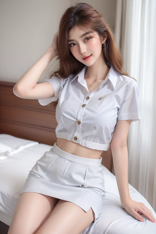 Top quality, RAW Photo, Highest Quality Image, 16K, Full body, Age 22, Realistic, Photorealistic,  Beautiful Asian woman, Sexy, body, White pale skin, ((( Multicolor Hair ))), ((( Short and wavy hairstyle ))), Modern hairstyles, Detailed face, Detailed body, Detailed skin, Double eyelids, Very Big eyes, long eyelashes, bright eyes, green eyes, natural lips, detailed lips, ((( Very Small breasts, Flat Breasts ))), posing in bedroom studio, sunny day light,  ((( wearing White Short sleeves Shirt, black short skirt ))),  ((( All Buttons are Unbuttoned ))), no bra, ((( piercings ))), ((( piercing bellybutton with jewelry )))