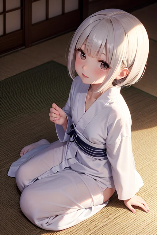 (masterpiece:1.2, best quality), closeup, 1girl, child, loli, petite, small breast, long white hair, (white fox ears), (white kimono), white panties, sitting on the edge of bed, spread legs, smile, stretching arms, yawning, (closed eyes), shy, morning, window, white walls, sunlght, bright, anime minimalist, watercolor