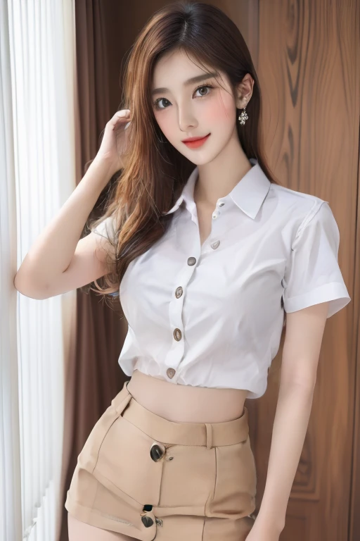 Top quality, RAW Photo, Highest Quality Image, 16K, Full body, Age 22, Realistic, Photorealistic,  Beautiful Asian woman, Sexy, body, White pale skin, ((( Multicolor Hair ))), ((( Short and wavy hairstyle ))), Modern hairstyles, Detailed face, Detailed body, Detailed skin, Double eyelids, Very Big eyes, long eyelashes, bright eyes, green eyes, natural lips, detailed lips, ((( Very Small breasts, Flat Breasts ))), posing in bedroom studio, sunny day light,  ((( wearing White Short sleeves Shirt, black short skirt ))),  ((( All Buttons are Unbuttoned ))), no bra, ((( piercings ))), ((( piercing bellybutton with jewelry ))), ((( Undo All Buttons )))