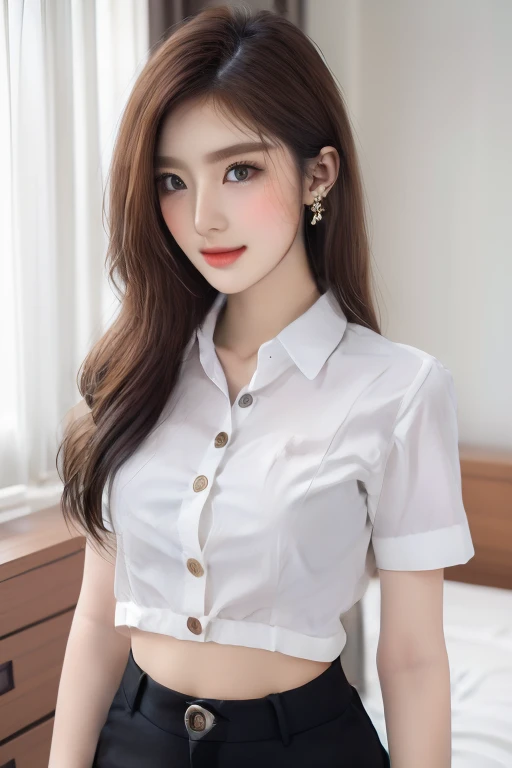 Top quality, RAW Photo, Highest Quality Image, 16K, Full body, Age 22, Realistic, Photorealistic,  Beautiful Asian woman, Sexy, body, White pale skin, ((( Multicolor Hair ))), ((( Short and wavy hairstyle ))), Modern hairstyles, Detailed face, Detailed body, Detailed skin, Double eyelids, Very Big eyes, long eyelashes, bright eyes, green eyes, natural lips, detailed lips, ((( Very Small breasts, Flat Breasts ))), posing in bedroom studio, sunny day light,  ((( wearing White Short sleeves Shirt, black short skirt ))),  ((( All Buttons are Unbuttoned ))), no bra, ((( piercings ))), ((( piercing bellybutton with jewelry ))), ((( Undo All Buttons )))