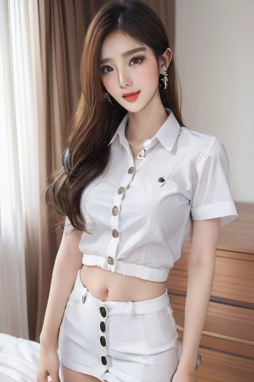 Top quality, RAW Photo, Highest Quality Image, 16K, Full body, Age 22, Realistic, Photorealistic,  Beautiful Asian woman, Sexy, body, White pale skin, ((( Multicolor Hair ))), ((( Short and wavy hairstyle ))), Modern hairstyles, Detailed face, Detailed body, Detailed skin, Double eyelids, Very Big eyes, long eyelashes, bright eyes, green eyes, natural lips, detailed lips, ((( Very Small breasts, Flat Breasts ))), posing in bedroom studio, sunny day light,  ((( wearing White Short sleeves Shirt, black short skirt ))),  ((( All Buttons are Unbuttoned ))), no bra, ((( piercings ))), ((( piercing bellybutton with jewelry ))), ((( Undo All Buttons )))