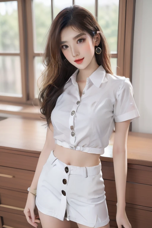 Top quality, RAW Photo, Highest Quality Image, 16K, Full body, Age 22, Realistic, Photorealistic,  Beautiful Asian woman, Sexy, body, White pale skin, ((( Multicolor Hair ))), ((( Short and wavy hairstyle ))), Modern hairstyles, Detailed face, Detailed body, Detailed skin, Double eyelids, Very Big eyes, long eyelashes, bright eyes, green eyes, natural lips, detailed lips, ((( Very Small breasts, Flat Breasts ))), posing in bedroom studio, sunny day light,  ((( wearing White Short sleeves Shirt, black short skirt ))),  ((( All Buttons are Unbuttoned ))), no bra, ((( piercings ))), ((( piercing bellybutton with jewelry ))), ((( Undo All Buttons )))