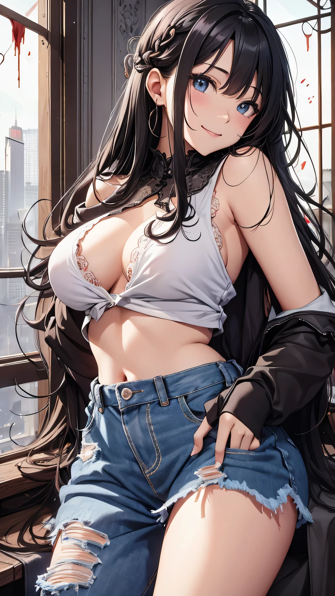Very detailed、highest quality、Best image quality、masterpiece、8k、Anime Face、A kind smile、Open Mouth、((black long hair:1.5))、big breast, sexy、 beautiful body 、Cowboy Shot, Sexual Intercourse, ((red eyes)), hotel bedroom, ((( Jeans))), (((nude)))