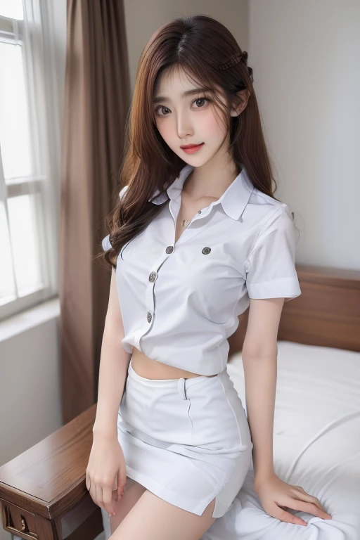 Top quality, RAW Photo, Highest Quality Image, 16K, Full body, Age 22, Realistic, Photorealistic,  Beautiful Asian woman, Sexy, body, White pale skin, ((( Multicolor Hair ))), ((( Short and wavy hairstyle ))), Modern hairstyles, Detailed face, Detailed body, Detailed skin, Double eyelids, Very Big eyes, long eyelashes, bright eyes, green eyes, natural lips, detailed lips, ((( Very Small breasts, Flat Breasts ))), posing in bedroom studio, sunny day light,  ((( wearing White Short sleeves Shirt, black short skirt ))),  ((( All Buttons are Unbuttoned ))), no bra, ((( piercings ))), ((( piercing bellybutton with jewelry )))