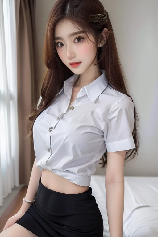 Top quality, RAW Photo, Highest Quality Image, 16K, Full body, Age 22, Realistic, Photorealistic,  Beautiful Asian woman, Sexy, body, White pale skin, ((( Multicolor Hair ))), ((( Short and wavy hairstyle ))), Modern hairstyles, Detailed face, Detailed body, Detailed skin, Double eyelids, Very Big eyes, long eyelashes, bright eyes, green eyes, natural lips, detailed lips, ((( Very Small breasts, Flat Breasts ))), posing in bedroom studio, sunny day light,  ((( wearing White Short sleeves Shirt, black short skirt ))),  ((( All Buttons are Unbuttoned ))), no bra, ((( piercings ))), ((( piercing bellybutton with jewelry )))