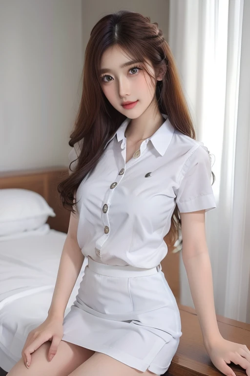 Top quality, RAW Photo, Highest Quality Image, 16K, Full body, Age 22, Realistic, Photorealistic,  Beautiful Asian woman, Sexy, body, White pale skin, ((( Multicolor Hair ))), ((( Short and wavy hairstyle ))), Modern hairstyles, Detailed face, Detailed body, Detailed skin, Double eyelids, Very Big eyes, long eyelashes, bright eyes, green eyes, natural lips, detailed lips, ((( Very Small breasts, Flat Breasts ))), posing in bedroom studio, sunny day light,  ((( wearing White Short sleeves Shirt, black short skirt ))),  ((( All Buttons are Unbuttoned ))), no bra, ((( piercings ))), ((( piercing bellybutton with jewelry )))