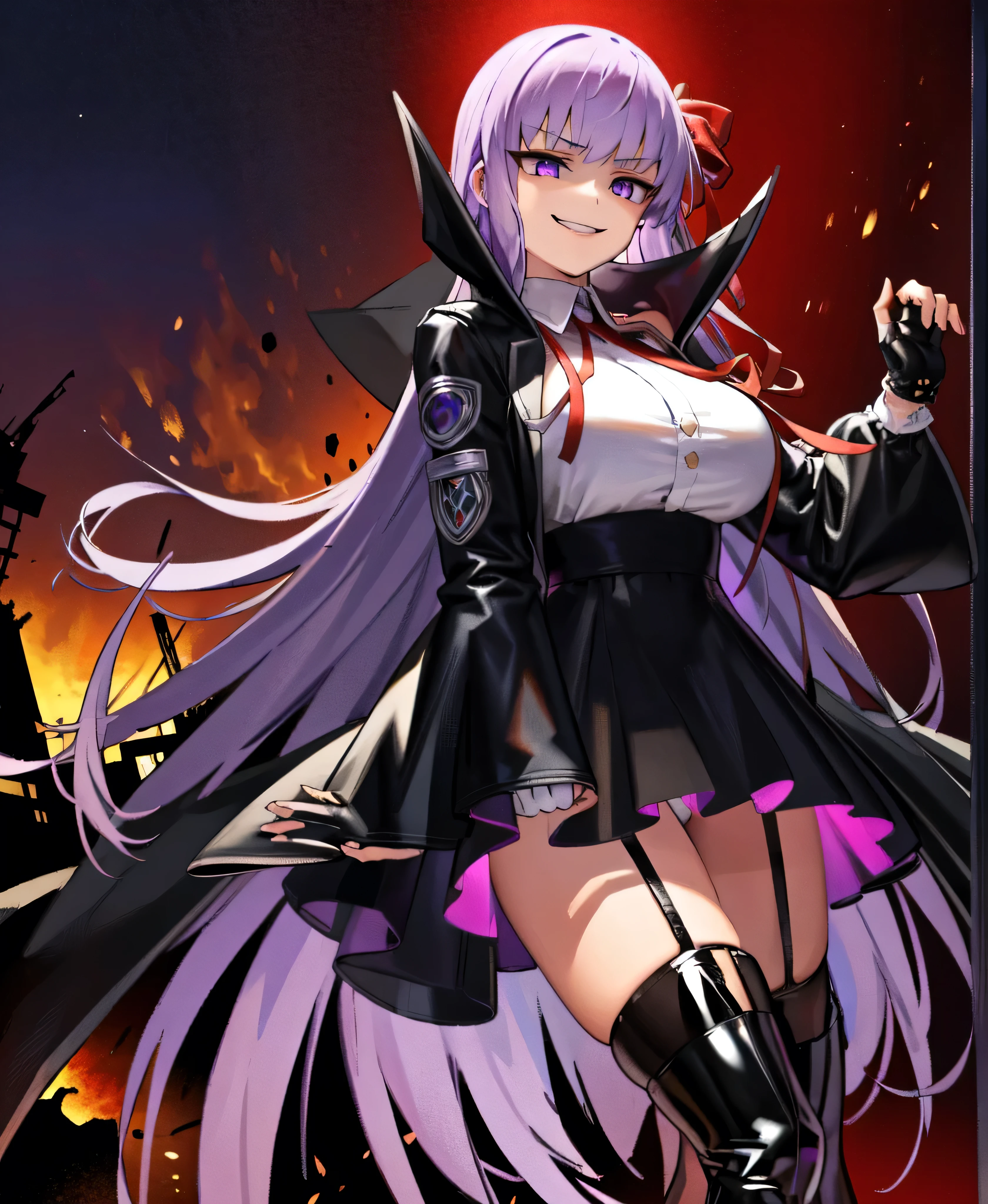  Isoscale, Mid Shot,  night, ,,, Purple Hair, Black jacket, White shirt, Black Skirt, Red ribbon, Big Breasts, Purple eyes, White gloves, Long Hair, Large collar, Wicked Smile,,shiny thigh high boots,(Wicked Smile:1.3),Highly detailed CG Unity 8k wallpaper, Perfect lighting,,Looking down at the viewer,,Anxious smile,Deep Dark World Background,Dark shadowed face(Eyes in the shadows),solo,Yandere,latex,masterpiece, Highest quality, High resolution, One person,View your viewers,look down,,Embodiment of evil,two hands,Two legs,five fingers,ruins,purple aura,beautiful body,beautiful hands,beautiful face,beautiful fingers,beautiful legs,perfect body,perfect hands,perfect legs,perfect fingers,perfect hair,purple lightning,Dark atmosphere,A Veil of Ominous Shadows,Red Sky,Red background,(Black Cloud),(Destroyed building:1.2),