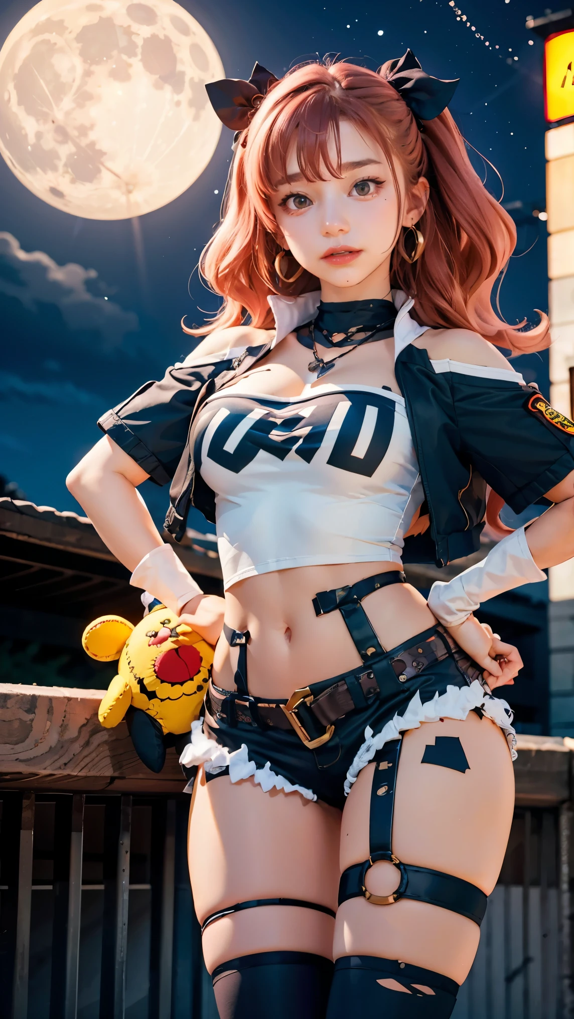 masterpiece, best quality, ultra-detailed, extremely detailed,illustration, 1girl, nicole demara, hair ribbon, hairclip, earrings, black collar, tube top, single thighhigh, short shorts, cropped jacket, belt, thigh strap, detached sleeves, doll, standing, hand on hip, cowboy shot, night street, moon 