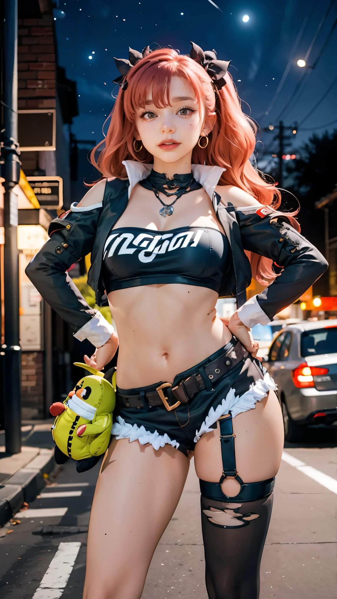 masterpiece, best quality, ultra-detailed, extremely detailed,illustration, 1girl, nicole demara, hair ribbon, hairclip, earrings, black collar, tube top, single thighhigh, short shorts, cropped jacket, belt, thigh strap, detached sleeves, doll, standing, hand on hip, cowboy shot, night street, moon