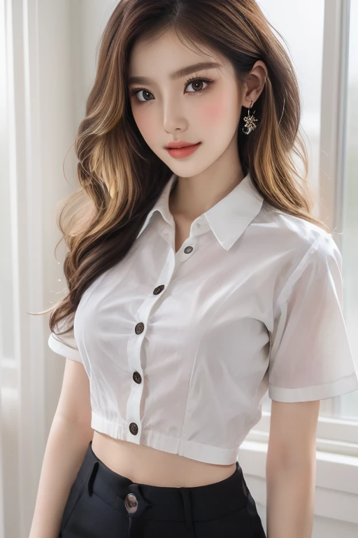 Top quality, RAW Photo, Highest Quality Image, 16K, Full body, Age 22, Realistic, Photorealistic,  Beautiful Asian woman, Sexy, body, White pale skin, ((( Multicolor Hair ))), ((( Short and wavy hairstyle ))), Modern hairstyles, Detailed face, Detailed body, Detailed skin, Double eyelids, Very Big eyes, long eyelashes, bright eyes, green eyes, natural lips, detailed lips, ((( Very Small breasts, Flat Breasts ))), posing in bedroom studio, sunny day light,  ((( wearing White Short sleeves Shirt, black short skirt ))),  ((( All Buttons are Unbuttoned ))), no bra, ((( piercings ))), ((( piercing bellybutton with jewelry )))