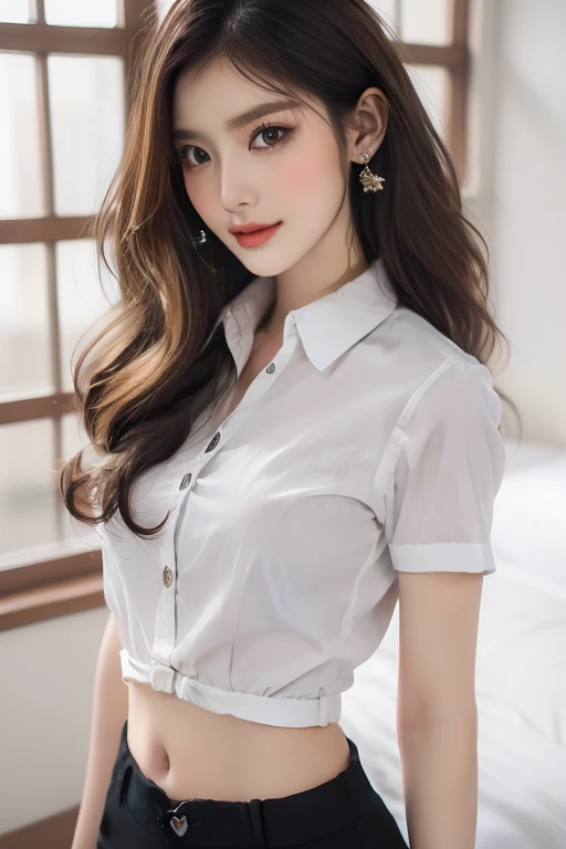 Top quality, RAW Photo, Highest Quality Image, 16K, Full body, Age 22, Realistic, Photorealistic,  Beautiful Asian woman, Sexy, body, White pale skin, ((( Multicolor Hair ))), ((( Short and wavy hairstyle ))), Modern hairstyles, Detailed face, Detailed body, Detailed skin, Double eyelids, Very Big eyes, long eyelashes, bright eyes, green eyes, natural lips, detailed lips, ((( Very Small breasts, Flat Breasts ))), posing in bedroom studio, sunny day light,  ((( wearing White Short sleeves Shirt, black short skirt ))),  ((( All Buttons are Unbuttoned ))), no bra, ((( piercings ))), ((( piercing bellybutton with jewelry )))