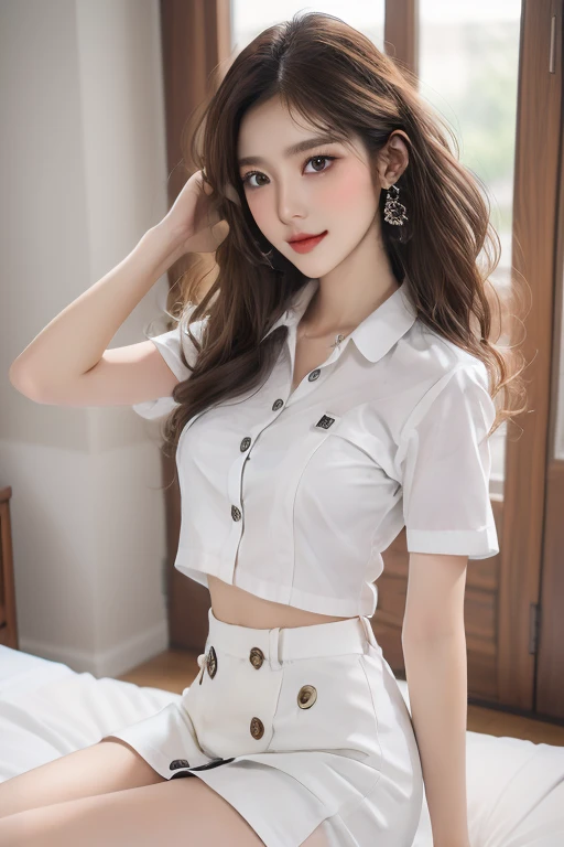 Top quality, RAW Photo, Highest Quality Image, 16K, Full body, Age 22, Realistic, Photorealistic,  Beautiful Asian woman, Sexy, body, White pale skin, ((( Multicolor Hair ))), ((( Short and wavy hairstyle ))), Modern hairstyles, Detailed face, Detailed body, Detailed skin, Double eyelids, Very Big eyes, long eyelashes, bright eyes, green eyes, natural lips, detailed lips, ((( Very Small breasts, Flat Breasts ))), posing in bedroom studio, sunny day light,  ((( wearing White Short sleeves Shirt, black short skirt ))),  ((( All Buttons are Unbuttoned ))), no bra, ((( piercings ))), ((( piercing bellybutton with jewelry )))