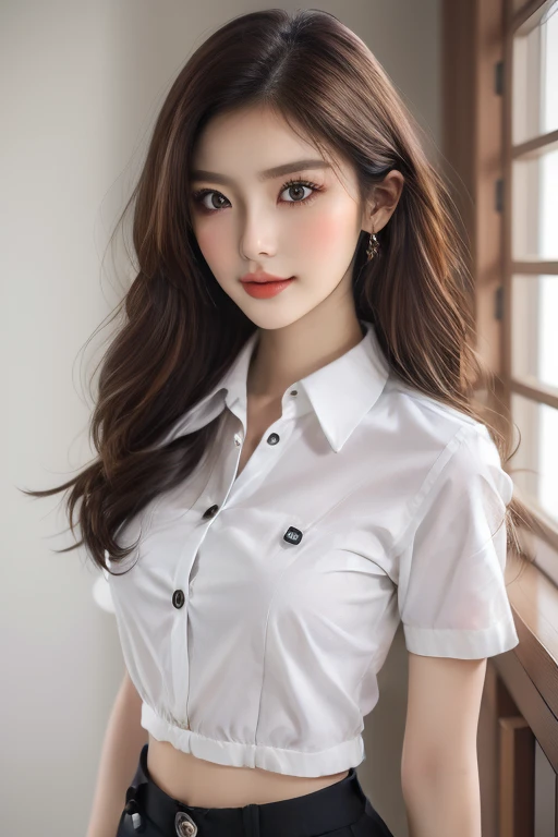 Top quality, RAW Photo, Highest Quality Image, 16K, Full body, Age 22, Realistic, Photorealistic,  Beautiful Asian woman, Sexy, body, White pale skin, ((( Multicolor Hair ))), ((( Short and wavy hairstyle ))), Modern hairstyles, Detailed face, Detailed body, Detailed skin, Double eyelids, Very Big eyes, long eyelashes, bright eyes, green eyes, natural lips, detailed lips, ((( Very Small breasts, Flat Breasts ))), posing in bedroom studio, sunny day light,  ((( wearing White Short sleeves Shirt, black short skirt ))),  ((( All Buttons are Unbuttoned ))), no bra, ((( piercings ))), ((( piercing bellybutton with jewelry )))