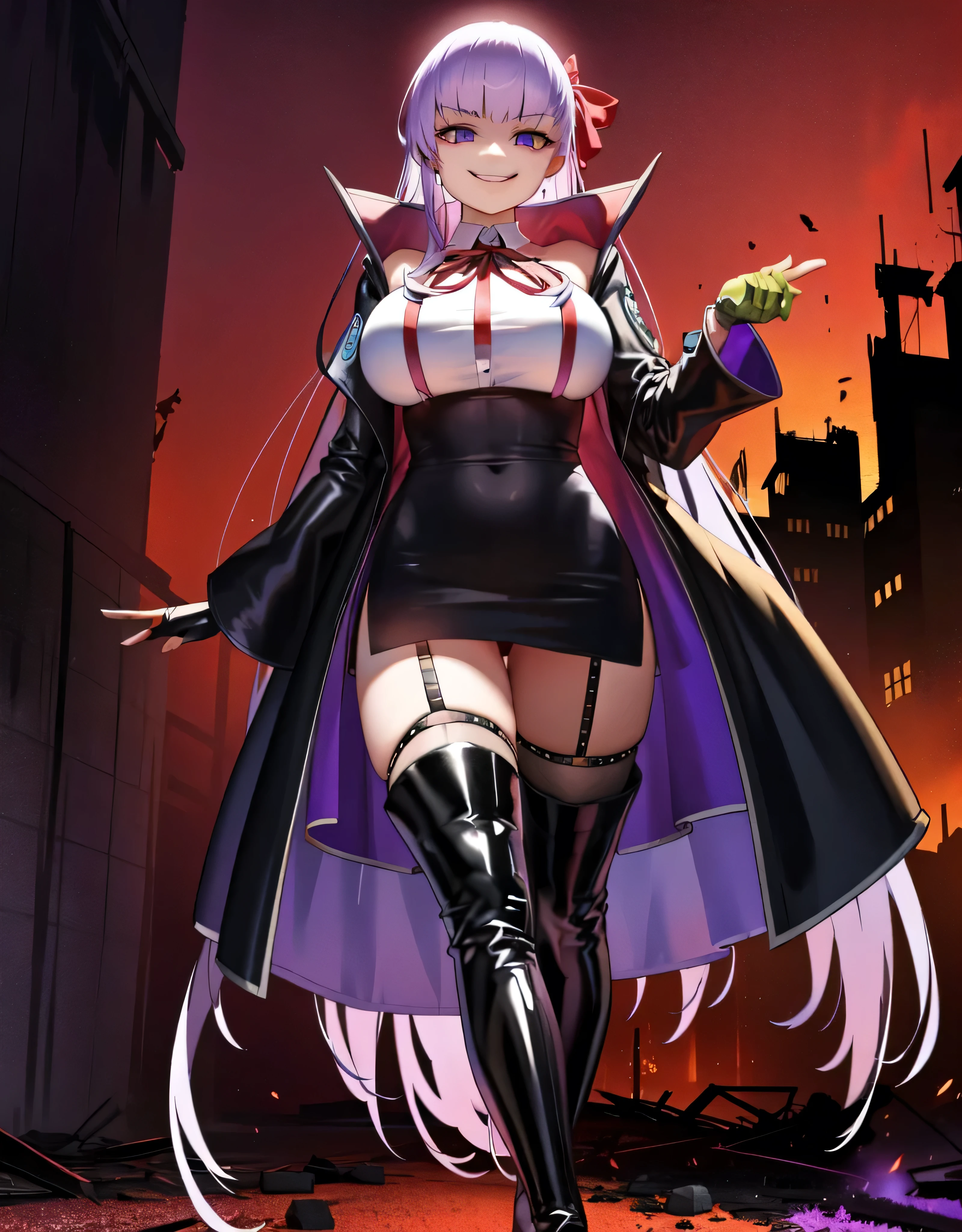  Isoscale, Mid Shot,  night, ,,, Purple Hair, Black jacket, White shirt, Black Skirt, Red ribbon, Big Breasts, Purple eyes, White gloves, Long Hair, Large collar, Wicked Smile,,shiny thigh high boots,(Wicked Smile:1.3),Highly detailed CG Unity 8k wallpaper, Perfect lighting,,Looking down at the viewer,,Anxious smile,Deep Dark World Background,Dark shadowed face(Eyes in the shadows),solo,Yandere,latex,masterpiece, Highest quality, High resolution, One person,View your viewers,look down,,Embodiment of evil,two hands,Two legs,five fingers,ruins,purple aura,beautiful body,beautiful hands,beautiful face,beautiful fingers,beautiful legs,perfect body,perfect hands,perfect legs,perfect fingers,perfect hair,purple lightning,Dark atmosphere,A Veil of Ominous Shadows,Red Sky,Red background,(Black Cloud),(Destroyed building:1.2),