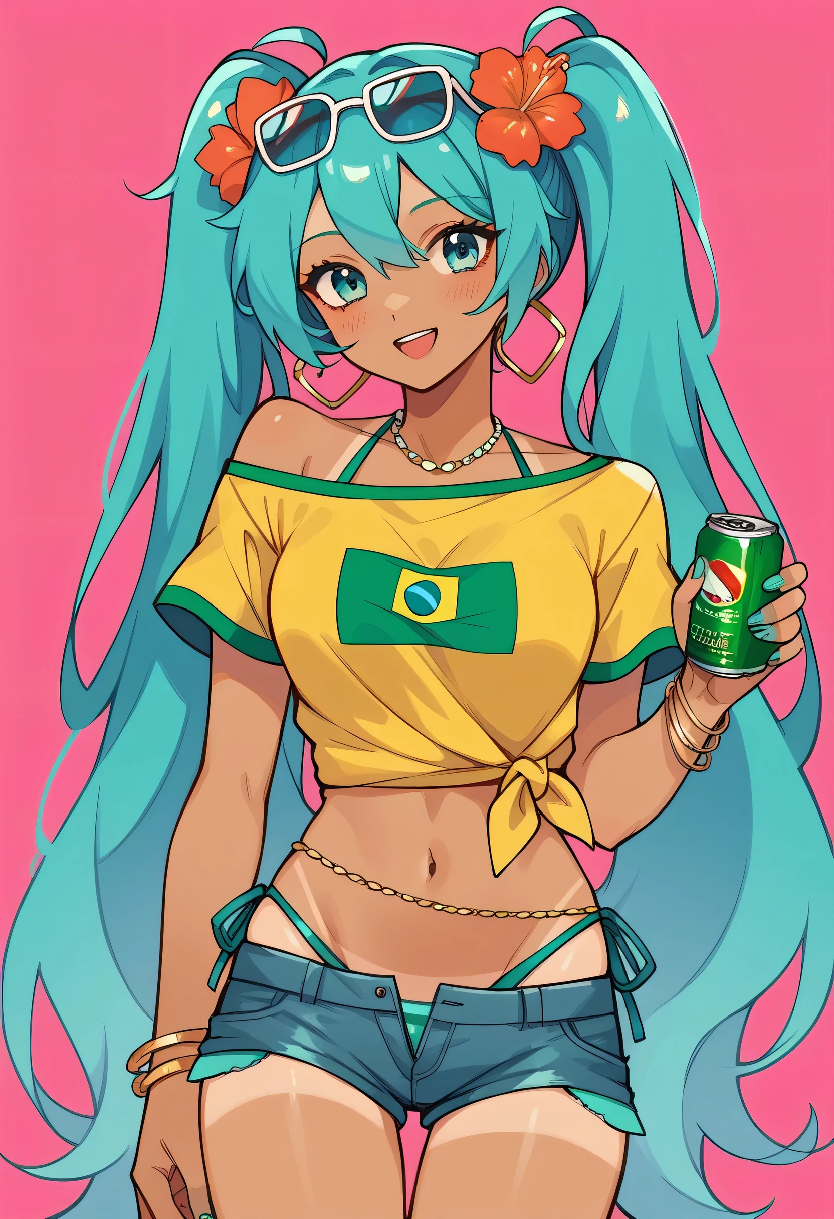 masterpiece, Hatsune Miku, masterpiece, Hatsune Miku, brmeek, twintails, very long hair, dark-skinned female, tanlines,
holding can,
hair flower, hoop earrings, eyewear on head, necklace, yellow shirt, midriff, jewelry, belly chain, bracelet, bikini under clothes, side-tie bikini bottom, short shorts, denim,
brazilian flag print,
single bare shoulder, side tie, tied shirt,