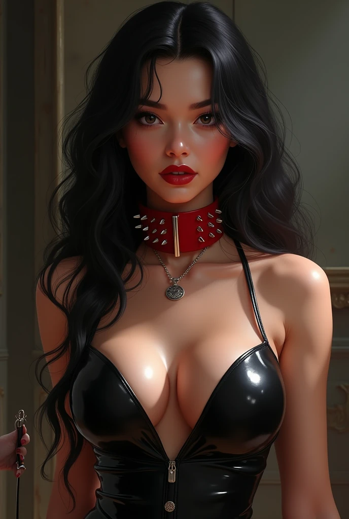 full body, voluptuous beauty, black braided ponytail, thigh high boots with stiletto heels, lingerie, red lipstick, dark eyeshadow, seductive pose, wicked sultry smile, coy head tilt