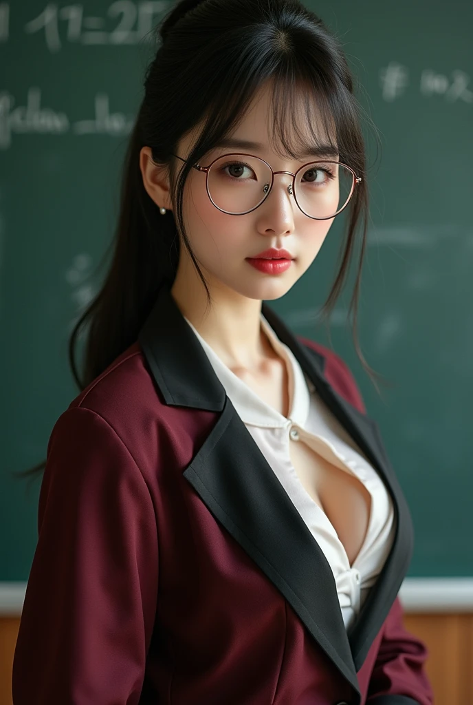 (HighestQuality, 8K,32k,masterpiece, UHD:1.2),Highly detailed CG Unity 8K wallpaper,intricate details,Raw photo,(realistic:1.4),atmosphere,ultra high resolution,genuineistic,genuine,Huge_file size,incredibly absurd,(in the center:1.3),ultra illustration,(Super detailed),dramatic lighting,different colors,written boundary depth,art:Krenz Kushart,golden hour lighting,Photographed with Canon EOS,SIGMA art lens 35mm F1.4,ISO200 Shutter speed 2000,blurred background,
break,
1 girl,(smile:1.4),because I'thin,(Straight long hair with see-through bangs,:1.4),alone,20 year old Japanese beauty, (classroom,glasses,white suit:1.5),(light brown hair:1.5),((brown eyes)),largechest,chest, Soft white skin that shines in every detail,pale skin,very beautiful face,very well-shaped face,natural and realistic face,Highest,fine and beautiful eyes,impressive, Big eyes,fine eyes, smile, smile with your mouth closed, detailed mouth,lip details,glossy beautiful lips,glossy lips,simple earrings,necklace,jewelry, alone focus,low neckline,
break,
light from the front,nice,Are standing,sensual expression, break,
(Dutchangle:1.4),looking at the viewer,
break,Tzuyu,Yui Aragaki,