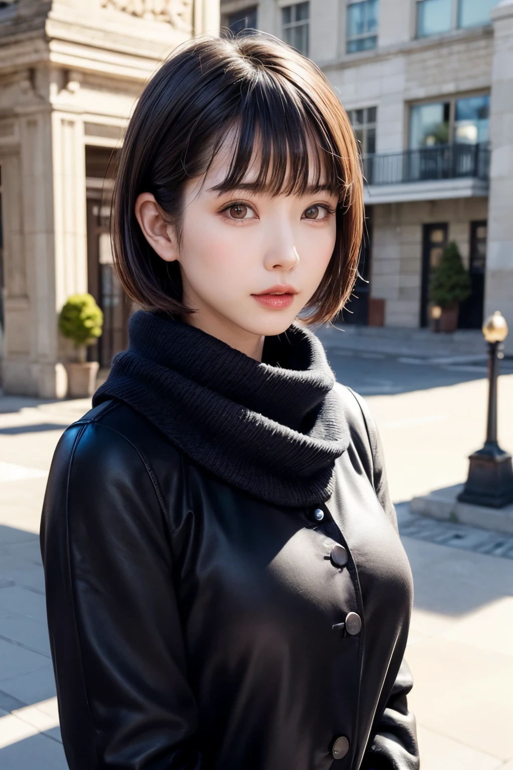 (masterpiece, Highest quality),One Girl, solo, Black-haired, scarf, hat, Realistic, Realistic, Looking at the audience, Light-coloured black eyes, Short brunette bob hair, Brown coat, Winter clothes, White headscarf, Lips, Bans, Plein Air, Mouth closed, Upper body、Big eyes、Eyelashes、((Beautiful landscape with sparkling snow))、(((Short bob hair with bangs、Shiny Hair、Big eyes、large full chest、Intensely accentuates the eyes、Staring at the audience、Beautiful beauty、Listen carefully、Long neck、Smile a little、Please close your mouth and laugh、Ideal body proportions)))、{huge|big|hugeな|Mega} chest, chestの谷間