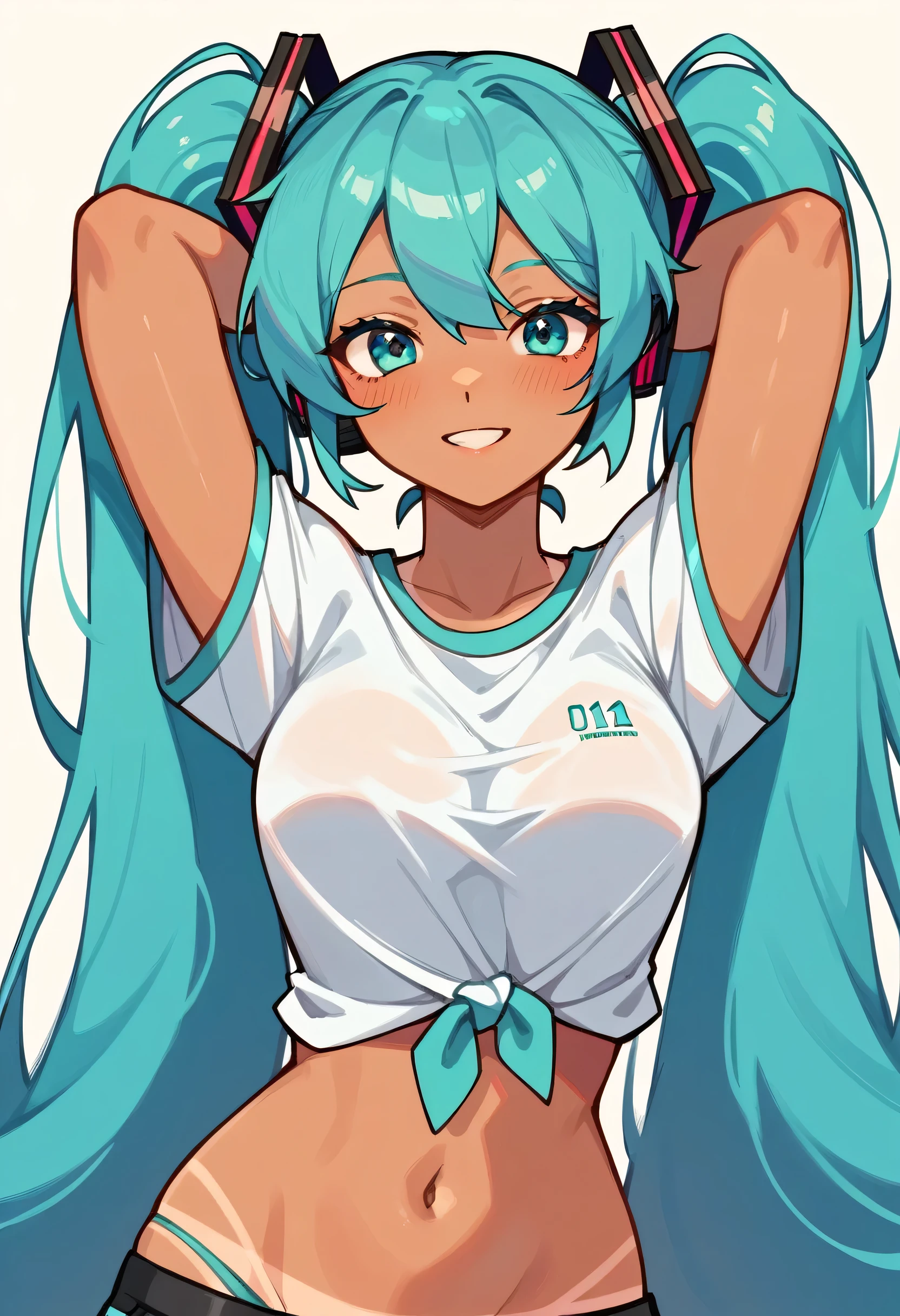 masterpiece, Hatsune Miku, masterpiece, Hatsune Miku, White shirt, brmeek, twintails, very long hair, dark-skinned female, tanlines,