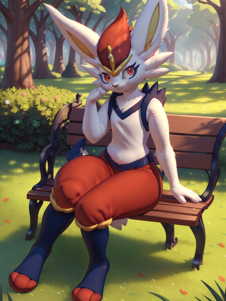 cinderace, female, full body, red eyes, (soft shading), 4k, hi res, five fingers, detailed hands, ((detailed face, (detailed eyes:1.0), detailed)), by zackarry911, by zaush, (by personalami:0.5), sitting on bench, looking at viewer, grass, park, trees, rabbit tail