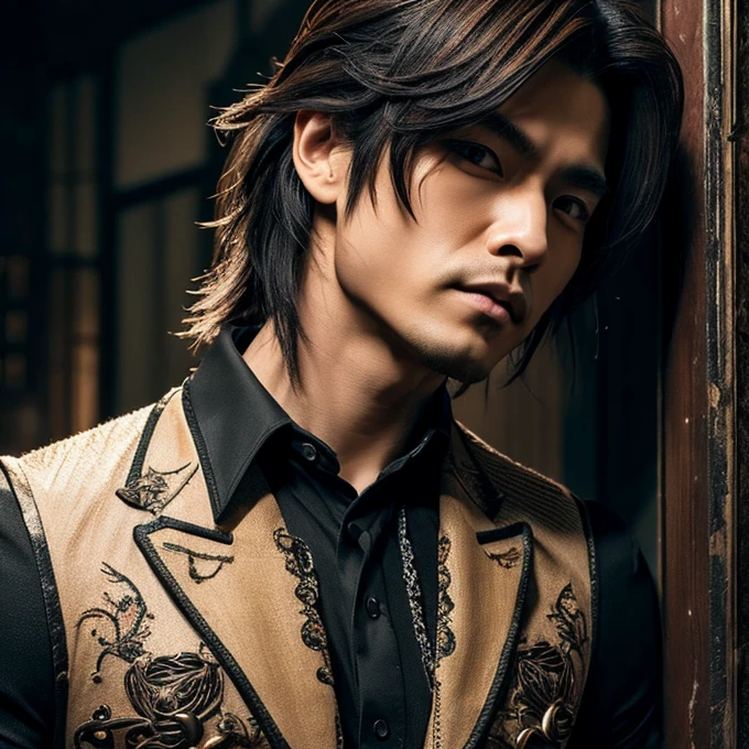 1 man, male, Japanese man, Visual Kai hairstyle, ultra detailed face and body, hyperrealistic, realistic representation, muscular, broad shoulders, tattoos gothic style, Visual Kei style, blond, long hair, 40 years old, outfit gothic streampunk, men's shirt and black pants, Asian eyes