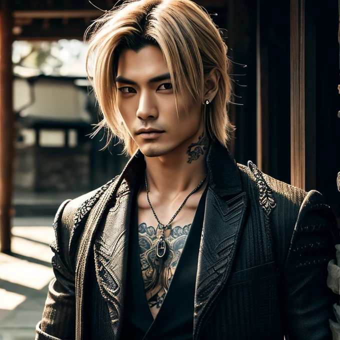 1 man, male, Japanese man, Visual Kai hairstyle, ultra detailed face and body, hyperrealistic, realistic representation, muscular, broad shoulders, tattoos gothic style, Visual Kei style, blond, long hair, 40 years old, outfit gothic streampunk, men's shirt and black pants, Asian eyes